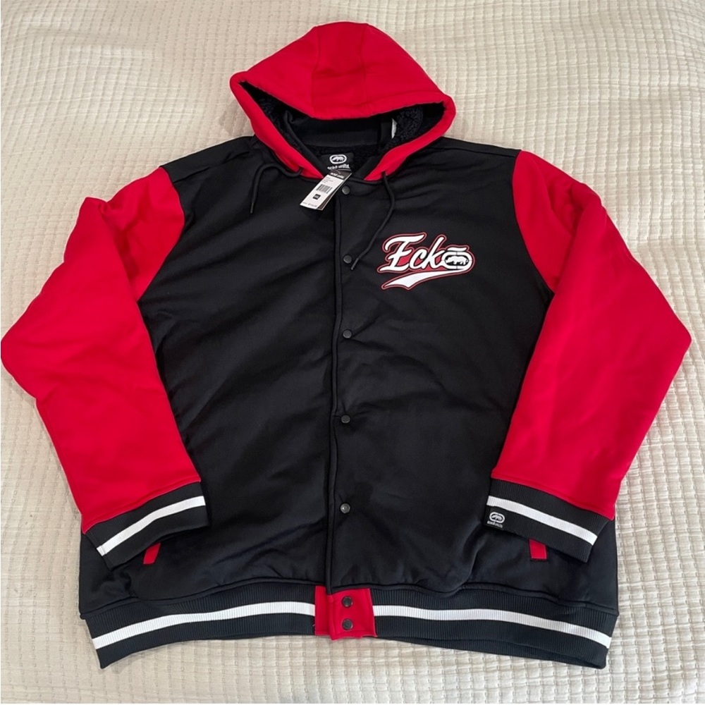 NEW‎ Ecko Unltd Mens Varsity Jacket Hooded Sherpa Lined Black Red Snap Front 4XL
